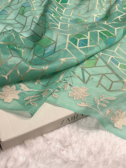 Pure Organza Rangkat Turquoise Floral Border Banarasi Silk Saree PO-07