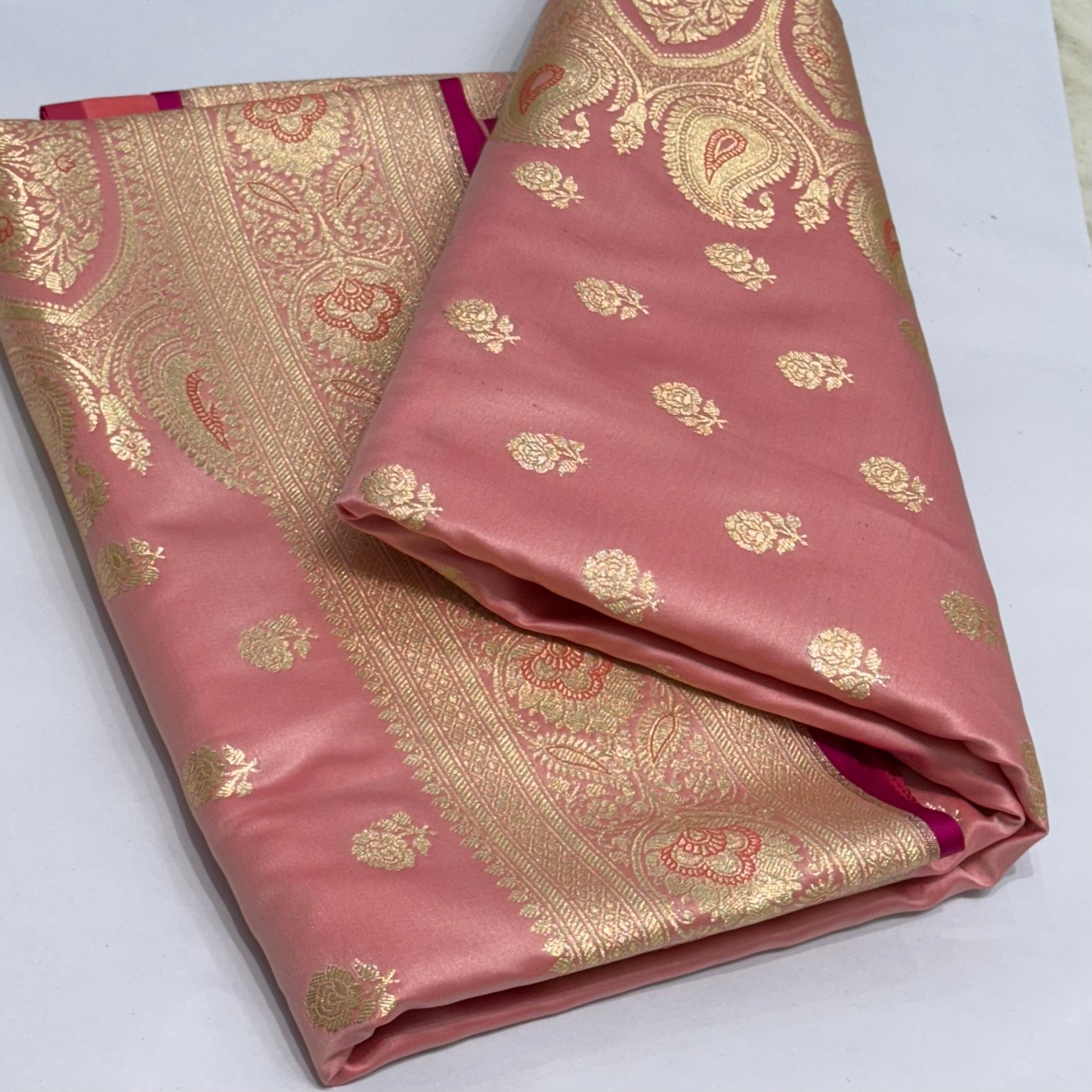 Floral boota Satin katan Silk Saree In Baby Pink Shades