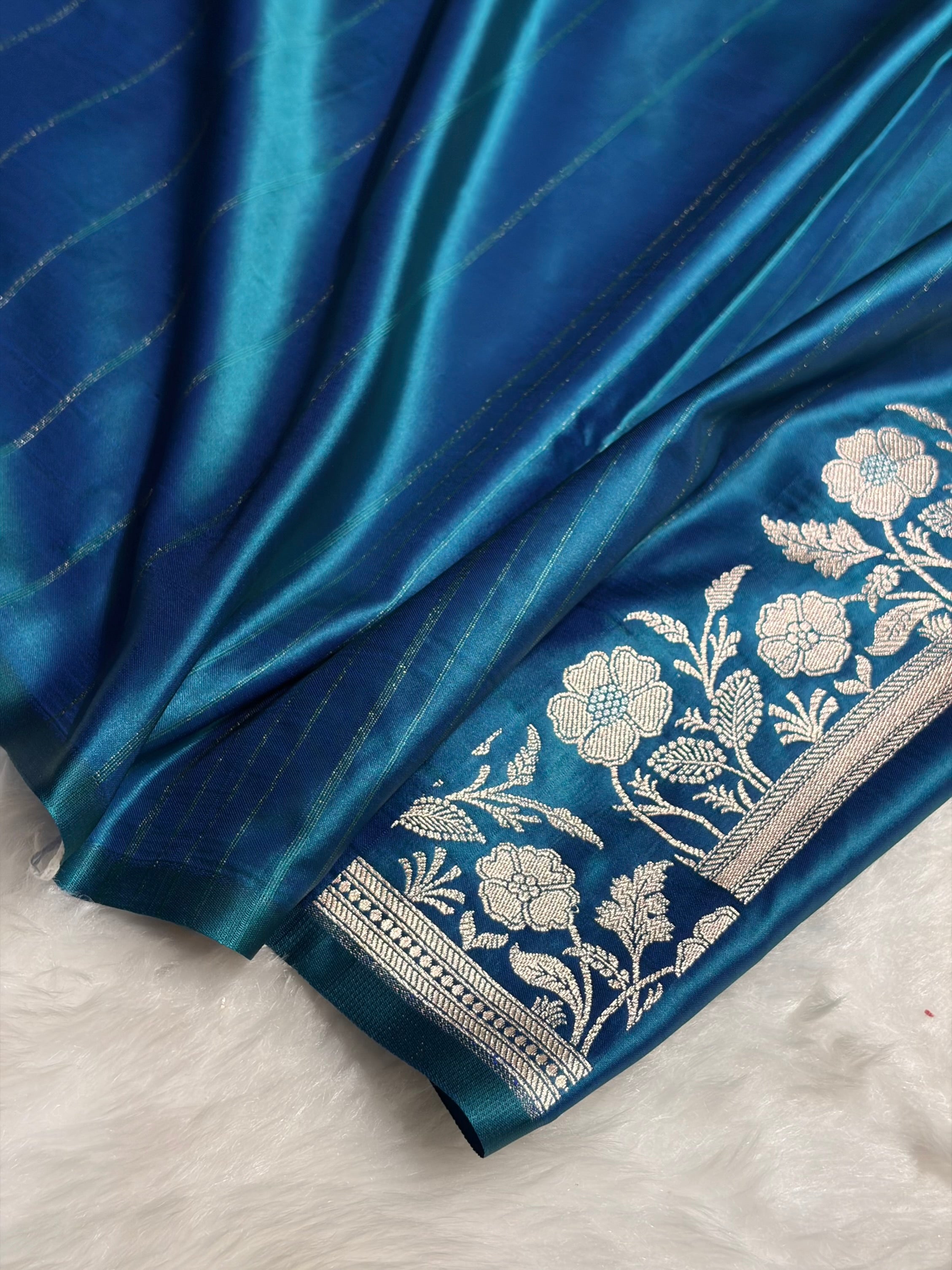 Peacock Blue Boota With Floral Border Mashru Silk Saree MSM-85