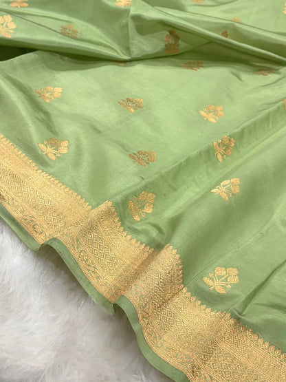 Banarasi Pista Shades Handwoven Pure Paper Silk Saree RM-88