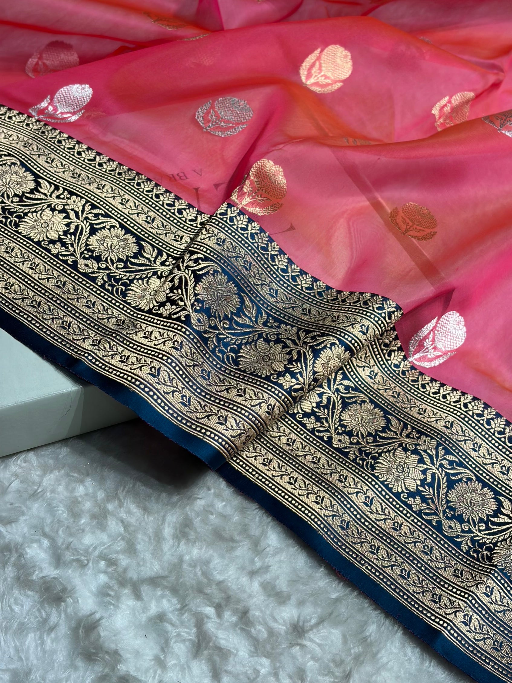 Contrast Pure Banarasi Organza Baby Pink With German Blue Floral Banarasi Silk Saree PO-14