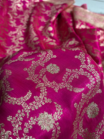 Pink Contrast Shades Jaal Pattern Banarasi Satin Silk Saree SS47