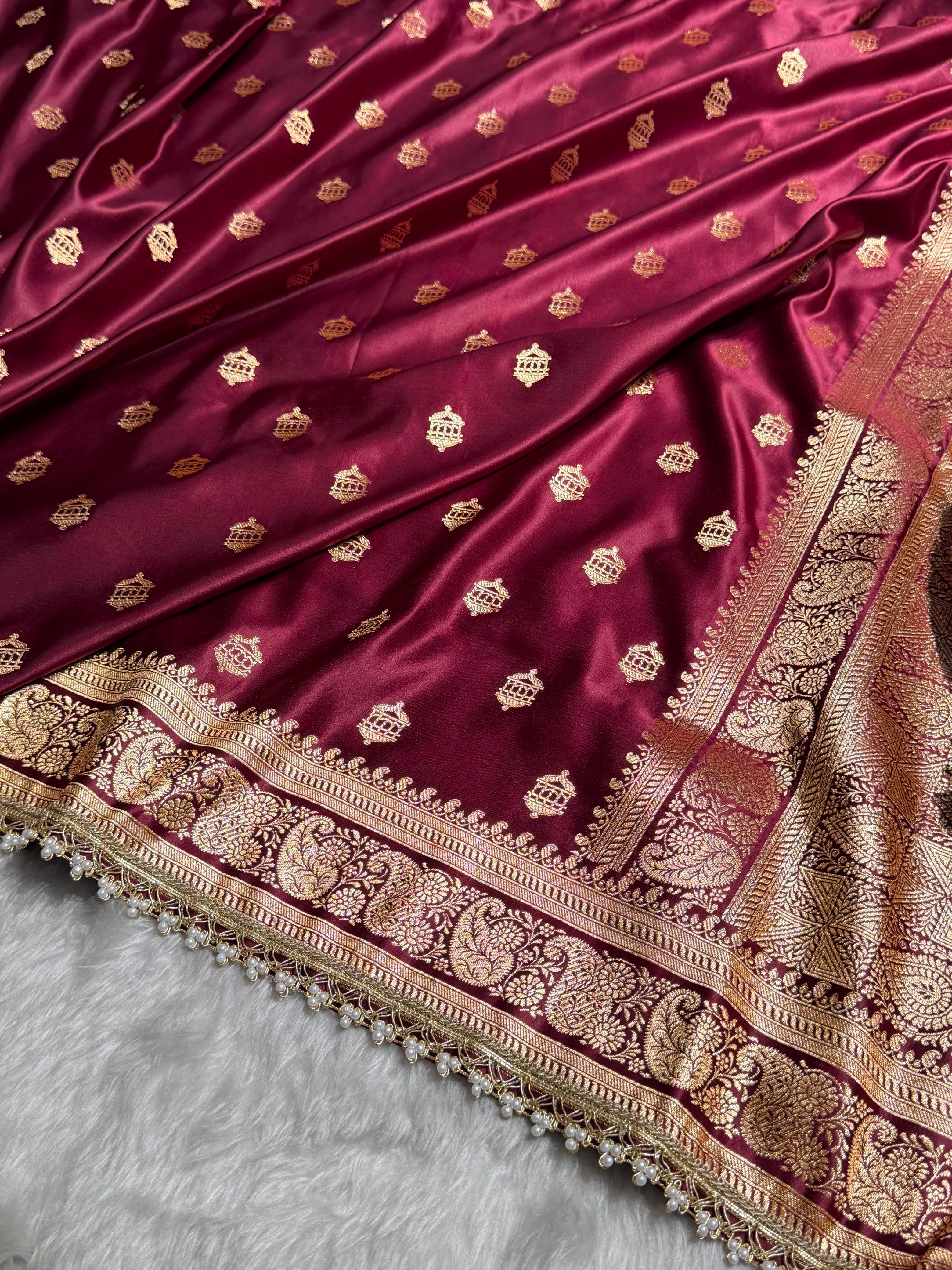 Banarasi Satin Katan Saree Booti Pattern With Gotta Patti in Chocolate Shades SKGP137