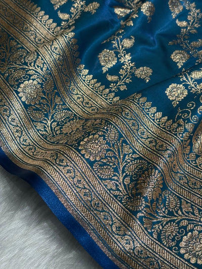 Firozi Shades Banarasi  Cross Jaal Satin Silk Saree SS11