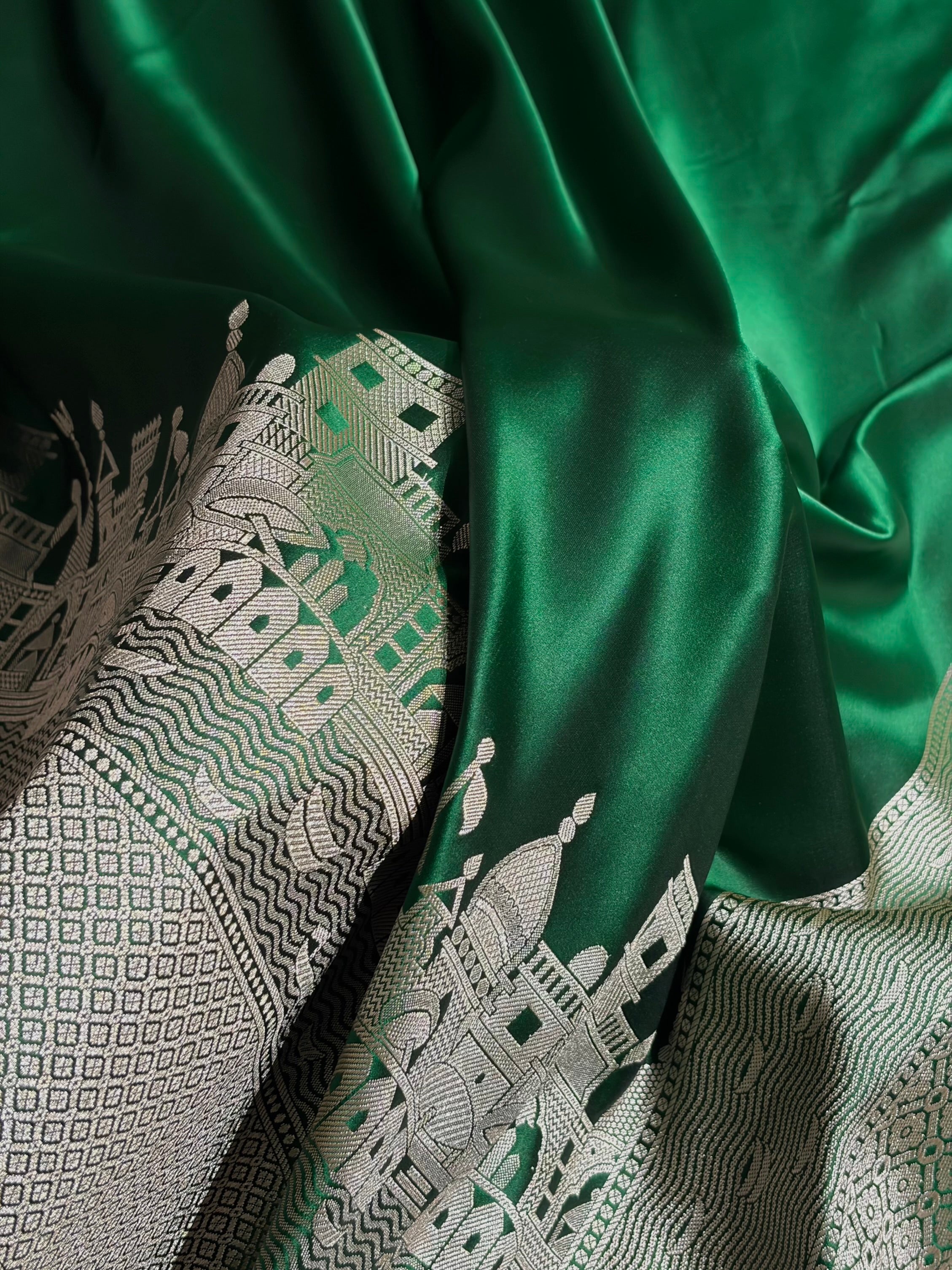 Bottle Green Shades Ghat Pattern Satin Katan Silk Saree SK19