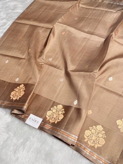 Beige Shades Meena Boota Handwoven Pure Katan Raw Mango Silk RM-01