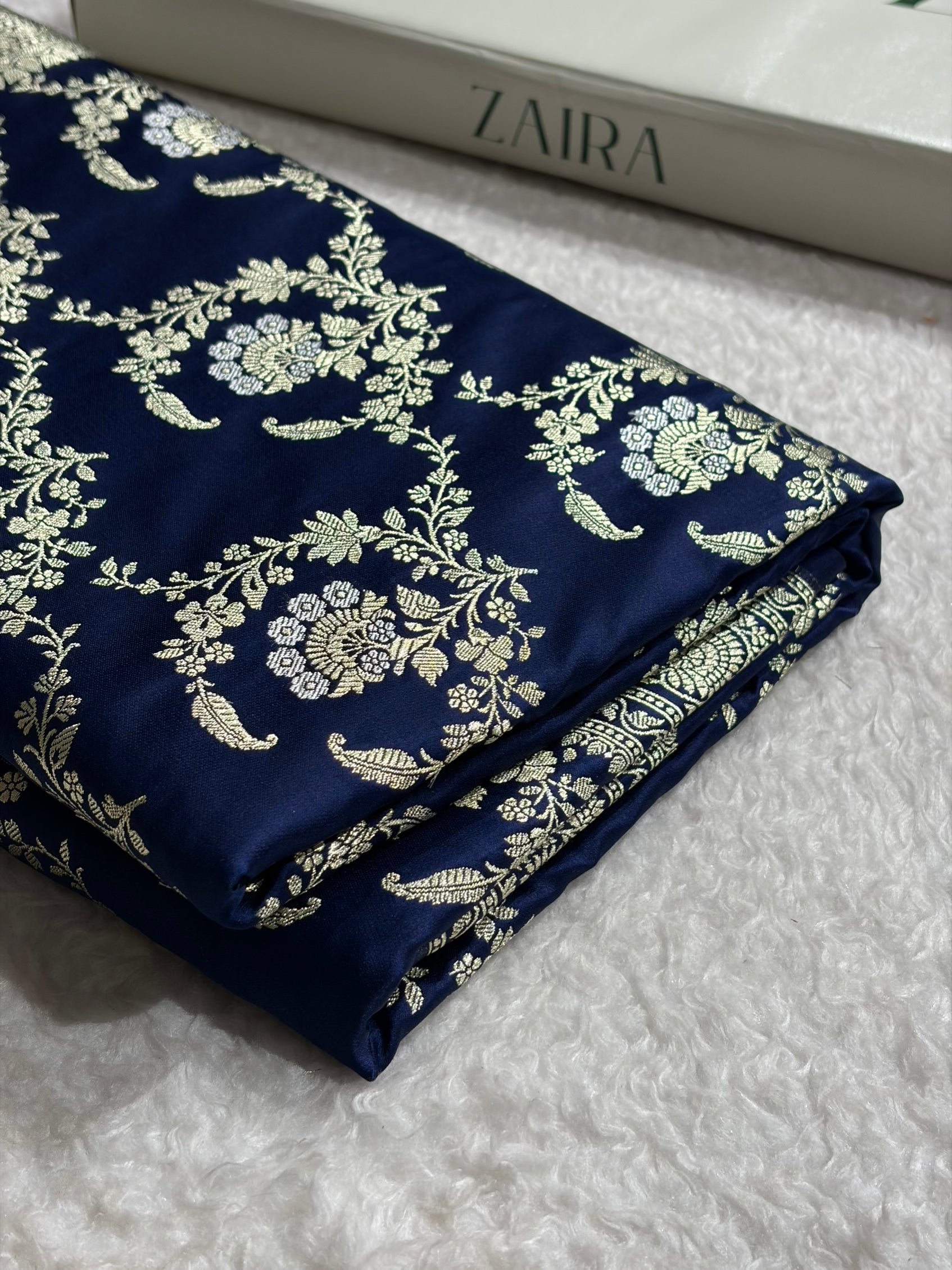 Banarasi Satin Katan Saree With Minakari Jaal Pattern in German Blue Shades SK126