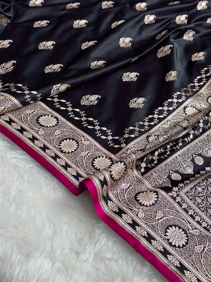 Blackish Wine Shades Banarasi Boota Pattern Floral Mashru Silk Saree MSM-114