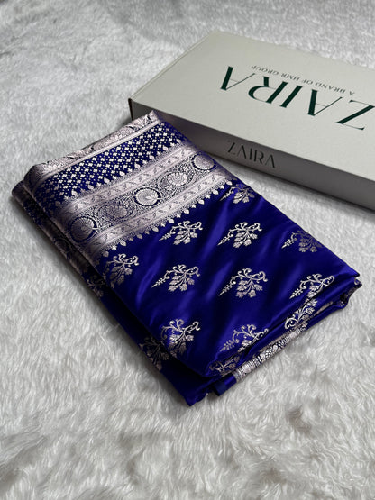 Premium Indigo Royal Blue Banarasi Booti Katan Silk Saree