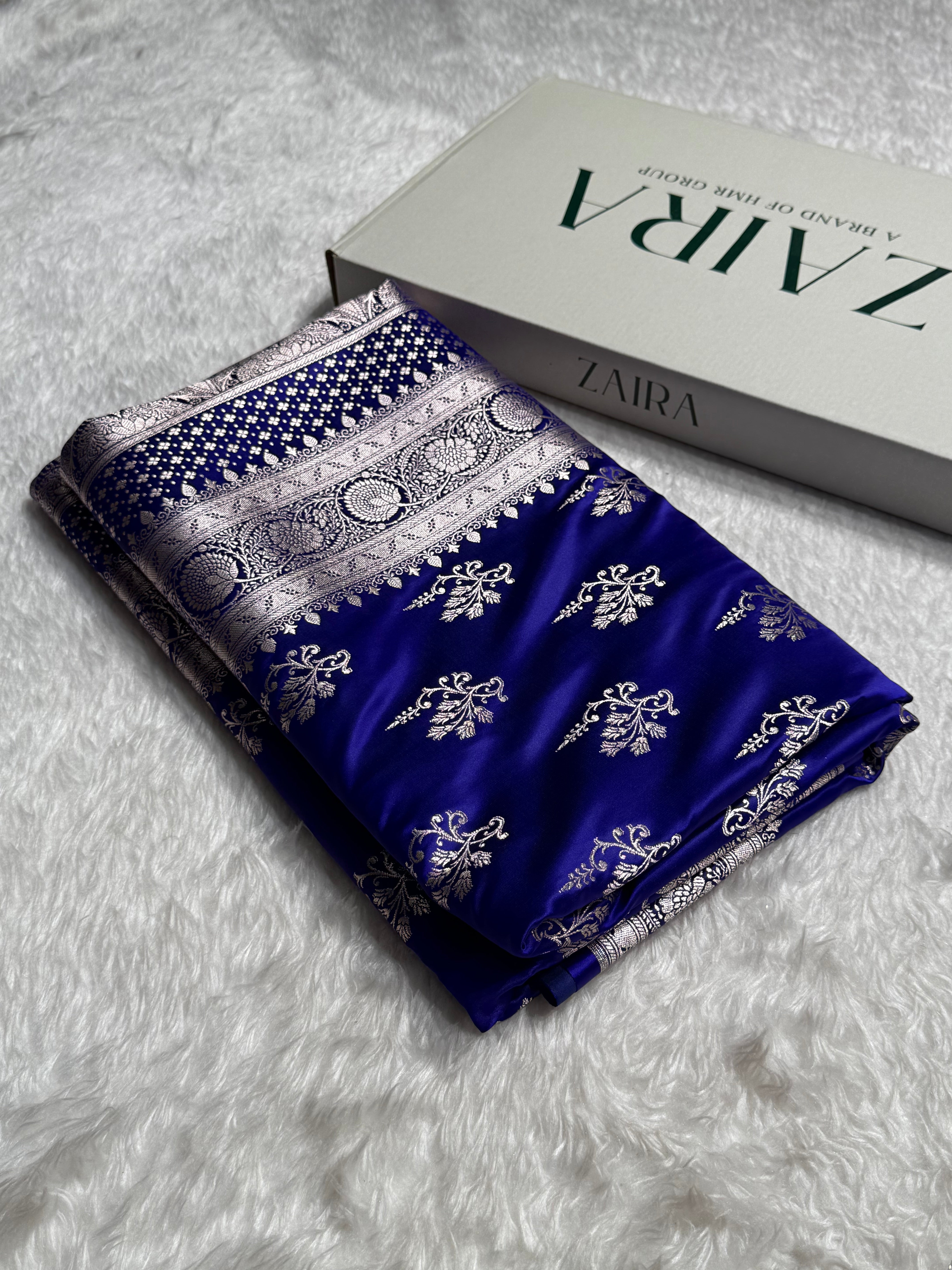 Premium Indigo Royal Blue Banarasi Booti Katan Silk Saree