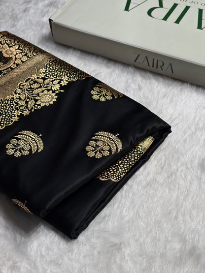Black Unique Boota Pattern Satin Katan Silk Saree SK70