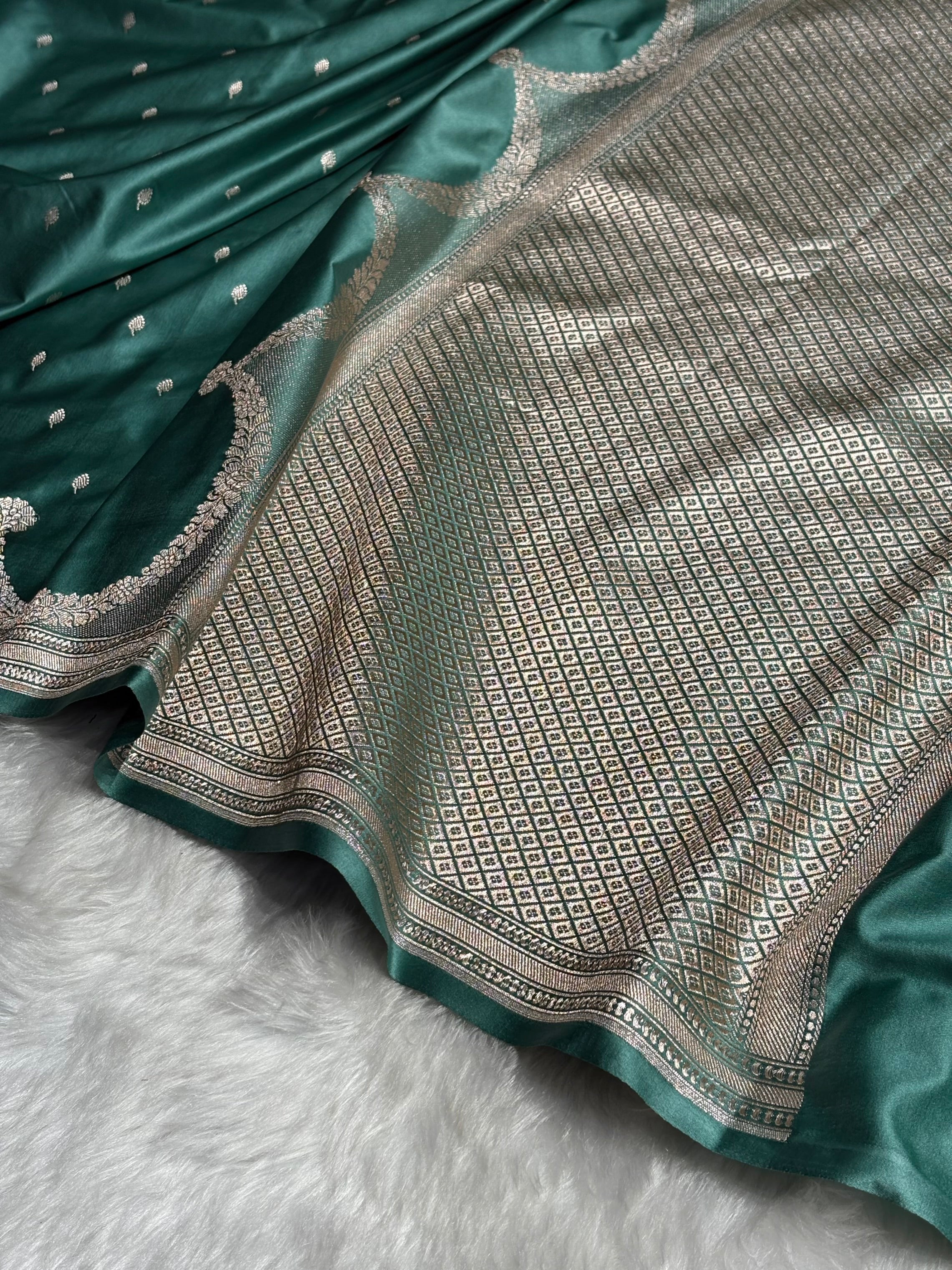 Dusty Sea Green Shades Scallop Booti Mashru Silk Saree MS60