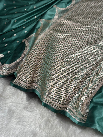 Dusty Sea Green Shades Scallop Booti Mashru Silk Saree MS60