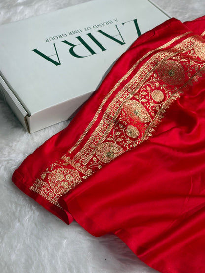 Banarasi Satin Katan Saree With Aari Zardozi Work Boota in Red Shades BSK98