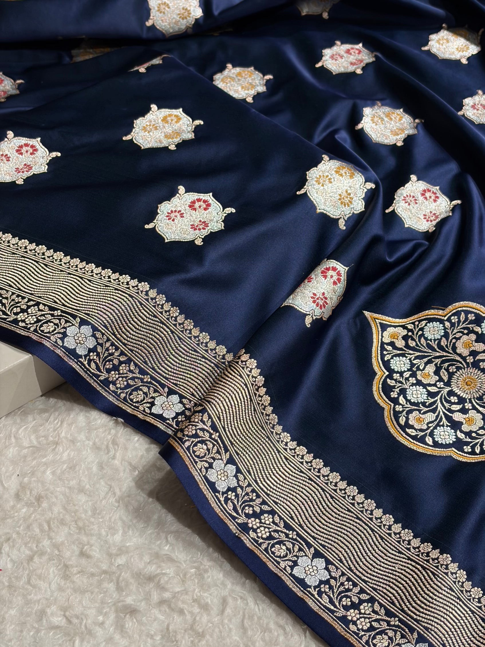 Premium Banarasi Satin Katan Saree Minakari Booti Pattern in Navy Blue Shades SK138