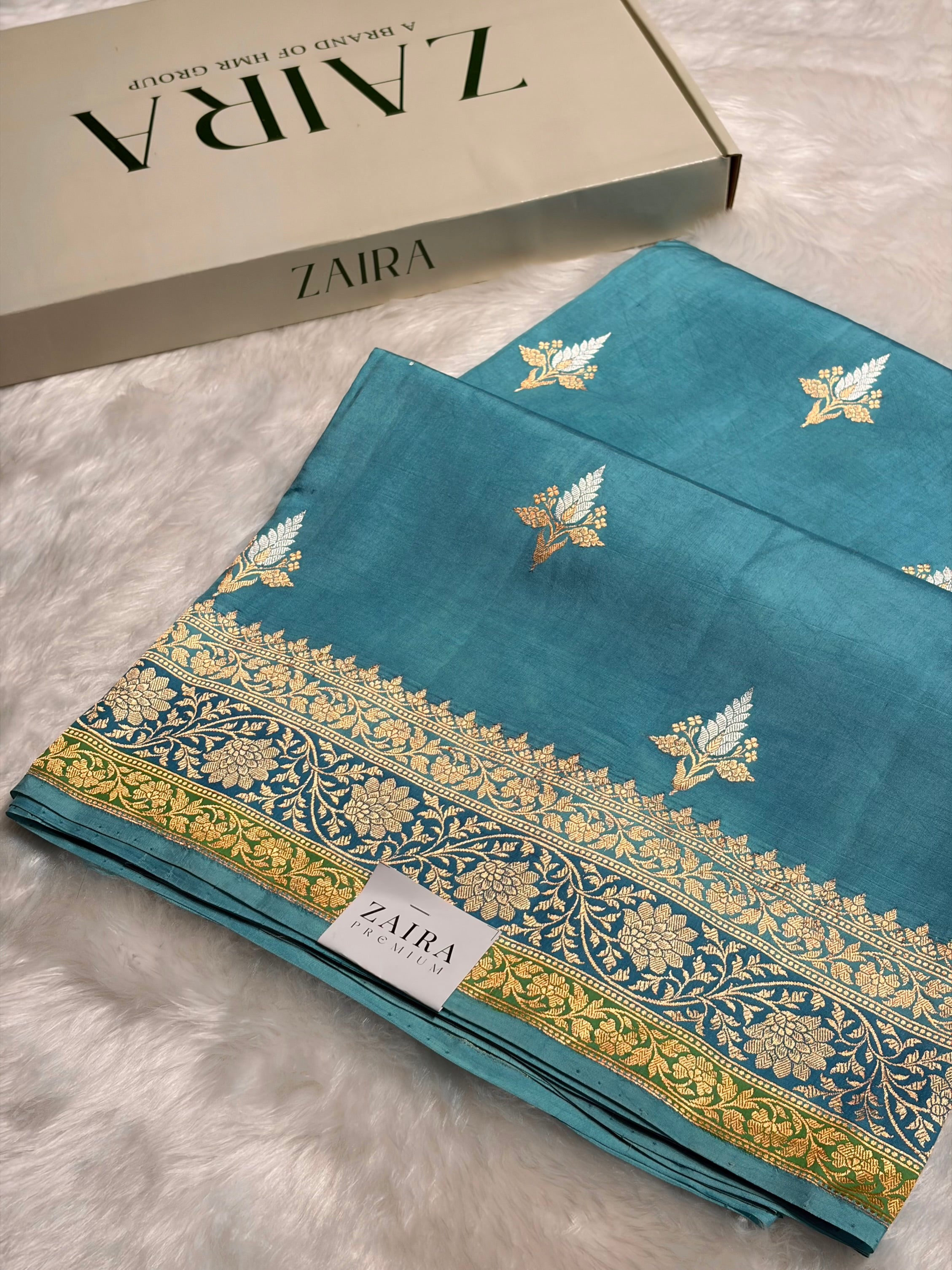 Firozi Shades Boota Handwoven Pure Katan Raw Mango Silk RM-18