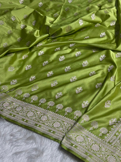 Pista Green Shades Floral Border Boota Mashru Silk Saree MS66