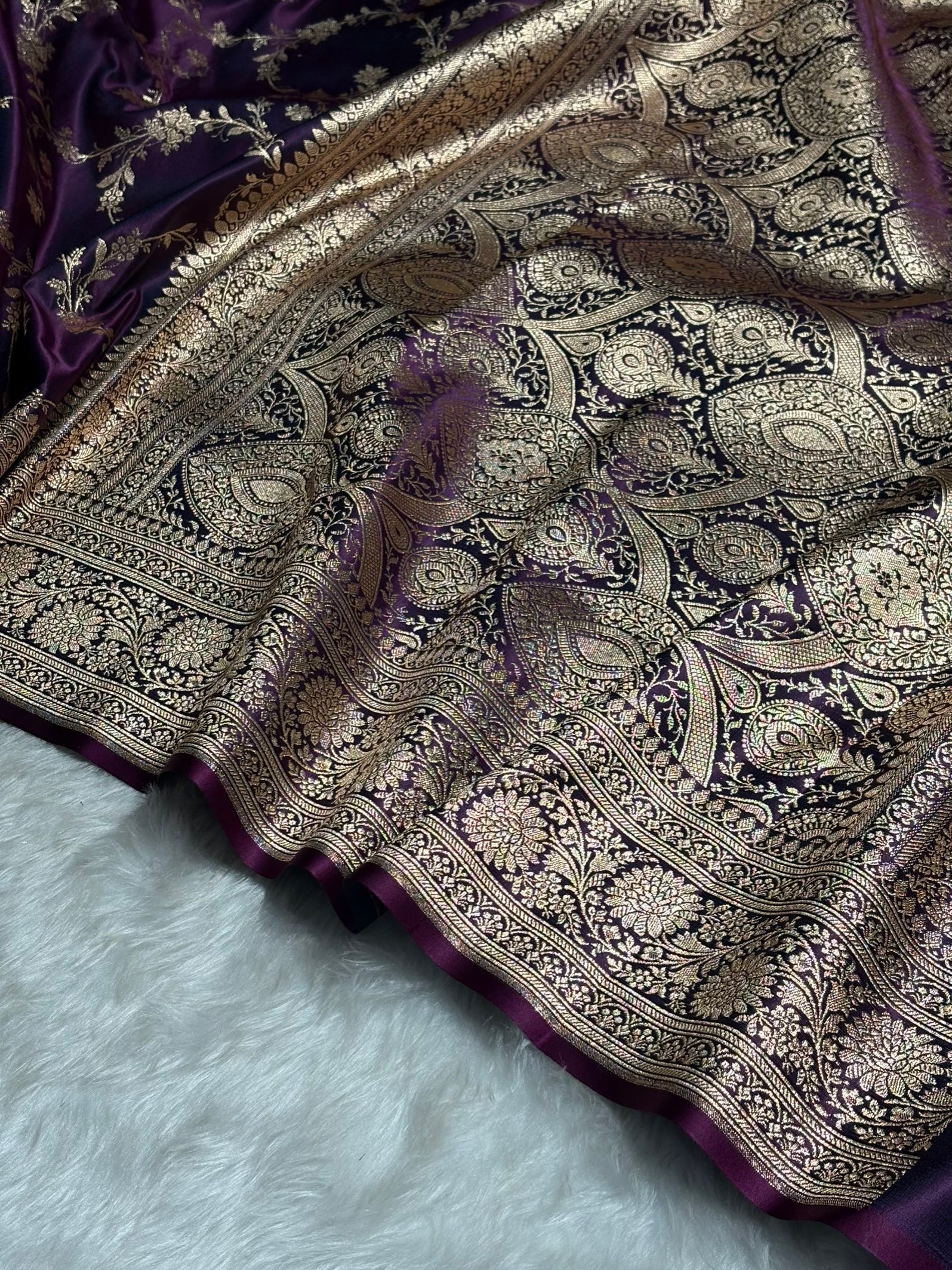Wine Shades Floral Jaal Pattern Satin Katan Silk saree SK60