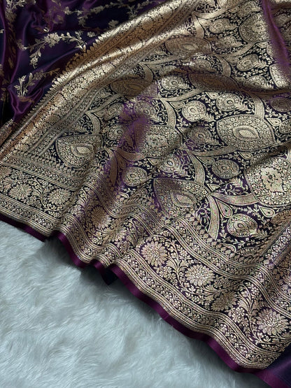Wine Shades Floral Jaal Pattern Satin Katan Silk saree SK60