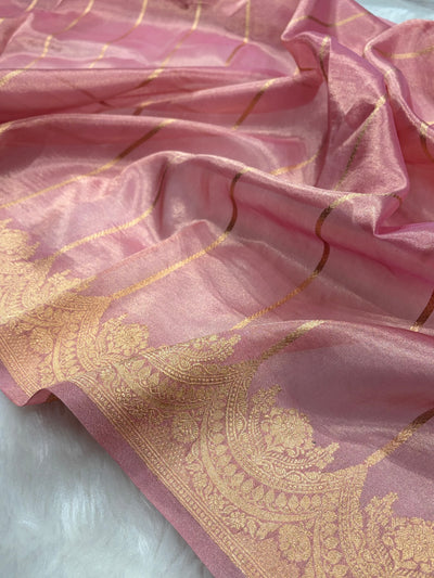 Scallop Baby Pink Floral Shades Pure Tissue Silk Saree PT-48