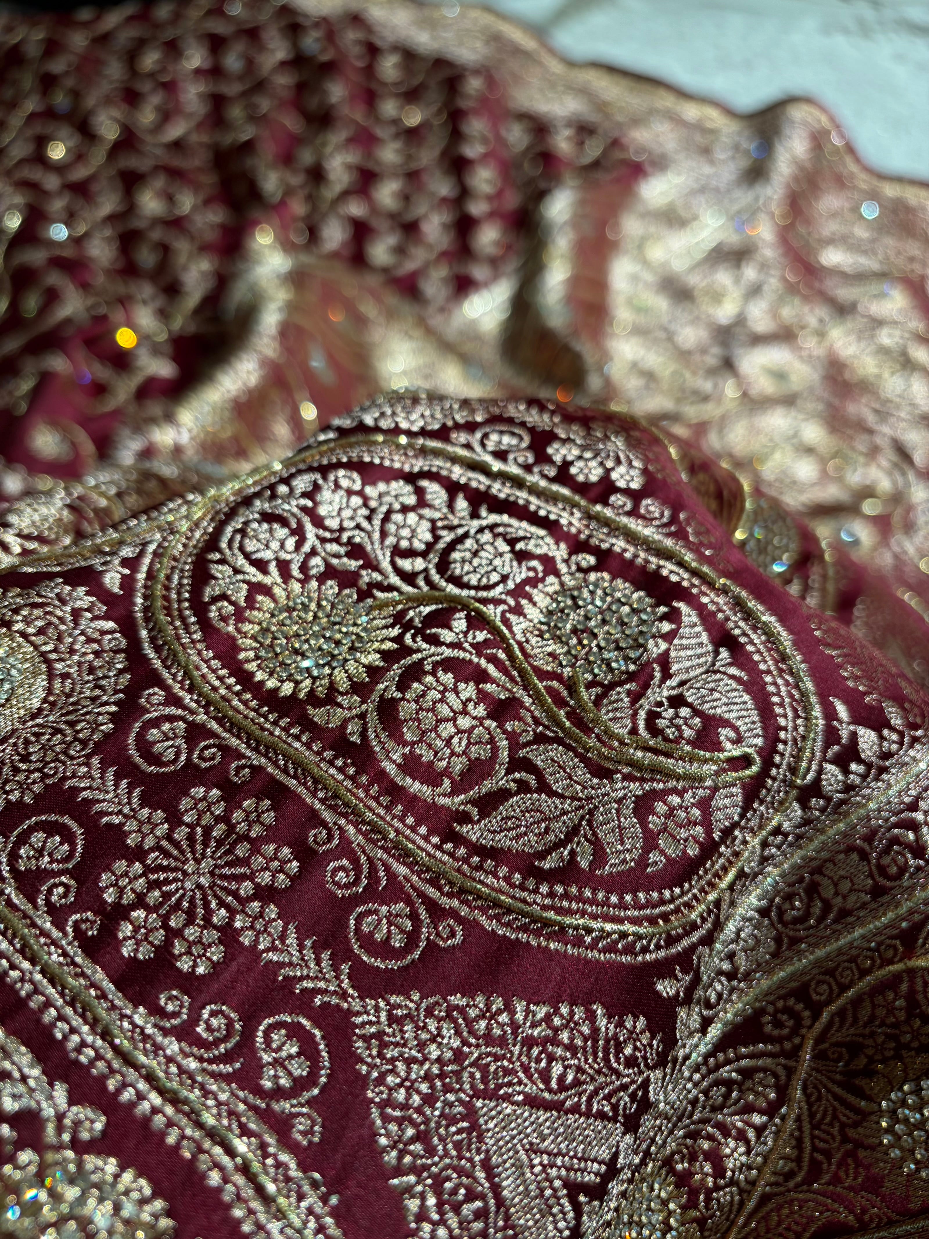 Banarasi Chocolate Shades Jaal Pattern With Swarovski Stone & Zardozi Satin Katan Silk Saree BSK55