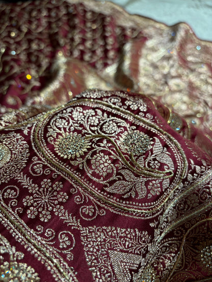 Banarasi Chocolate Shades Jaal Pattern With Swarovski Stone & Zardozi Satin Katan Silk Saree BSK55