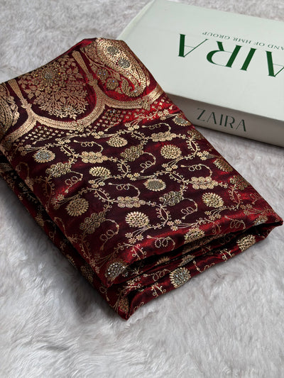 Banarasi Maroon Satin Silk Jaal with Swavroski Work BSS17