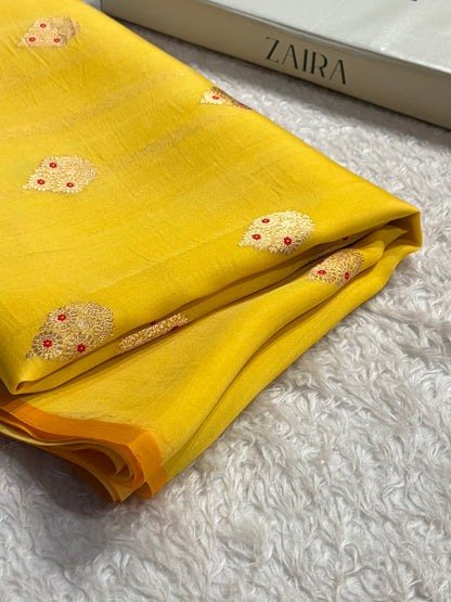 Pure Banarasi Organza Yellow Shades With Minakari Floral Banarasi Silk Saree PO-30