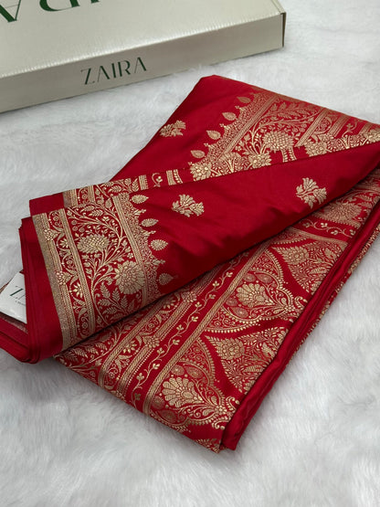 Bridal Red Shades Floral Boota Satin Katan Silk saree SK32