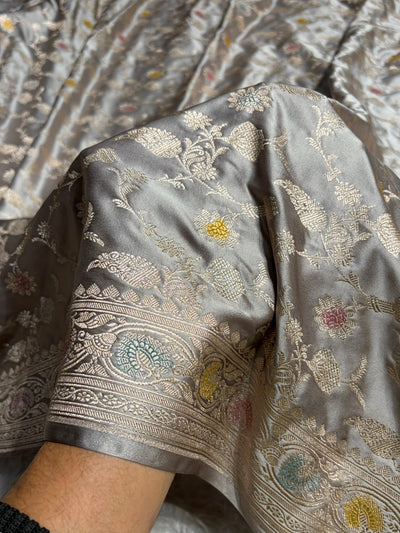 Gray Shades In Banarasi Minakari Jaal Mashru Silk Saree MCS42