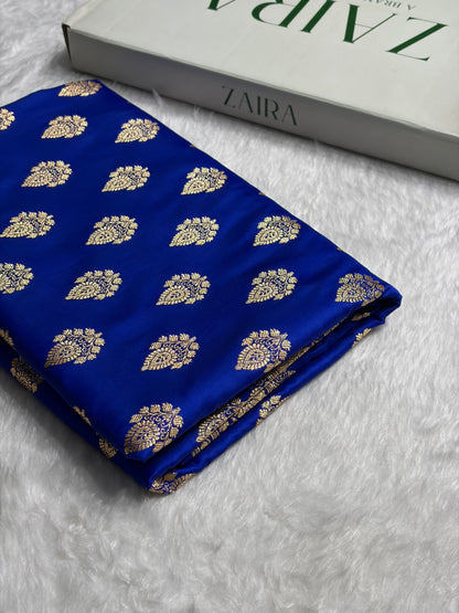 Royal Blue Floral Boota Pattern Satin Katan Silk saree SK45