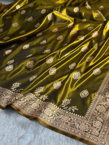 Satin Silk Saree Booti Motif in Mehendi Shades SS20