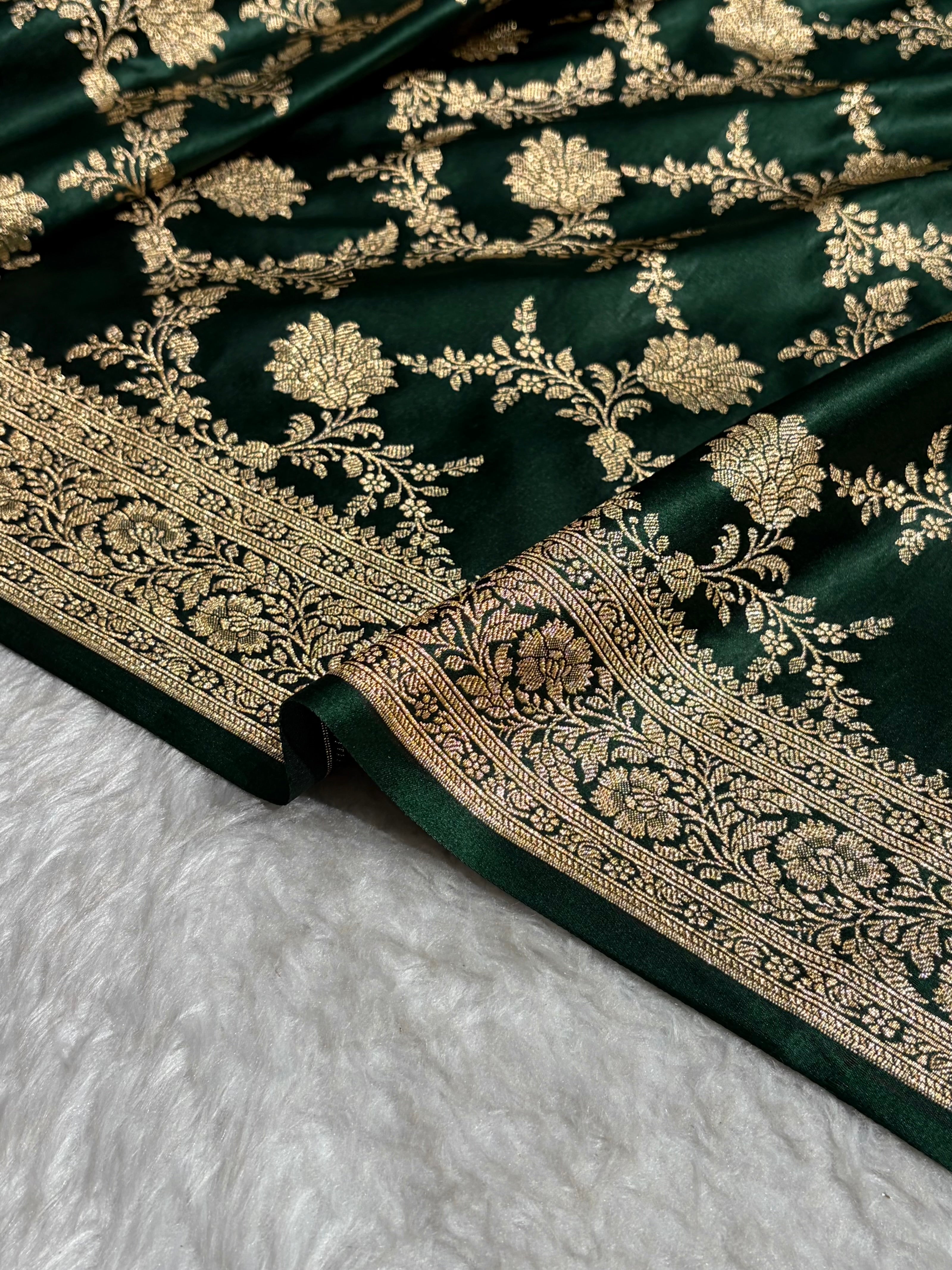 Banarasi Satin Katan Saree Floral Jaal Pattern in Dark Bottle Green Shades SK144