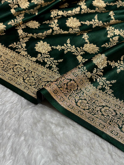 Banarasi Satin Katan Saree Floral Jaal Pattern in Dark Bottle Green Shades SK144