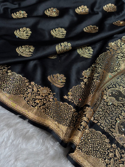 Black Unique Swarovski Stone Work Boota Pattern Satin Katan Silk Saree BSK70