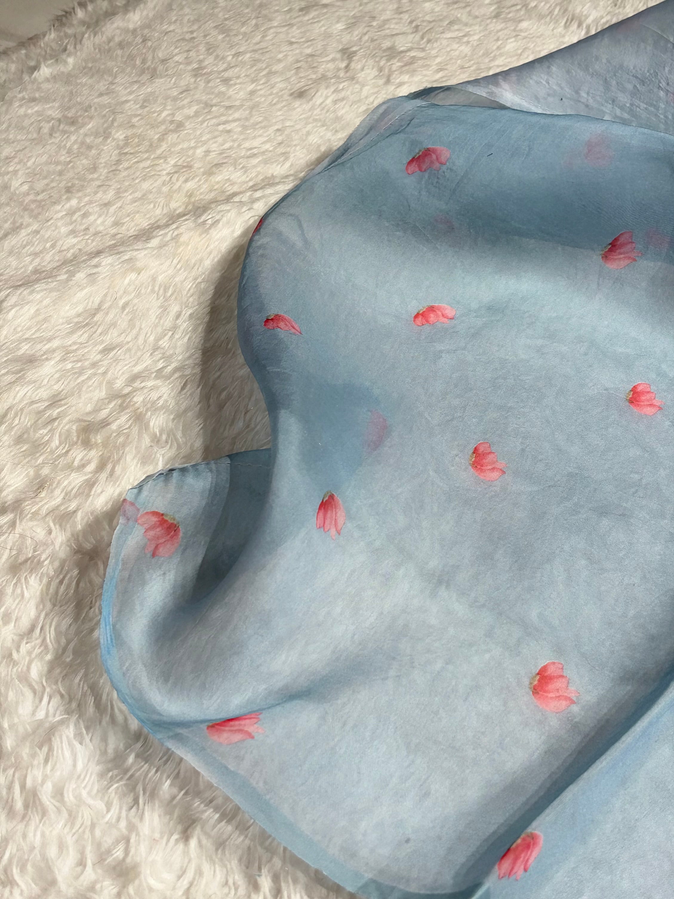 Sky Blue Organza with Pastel Multicolor Florals POP08
