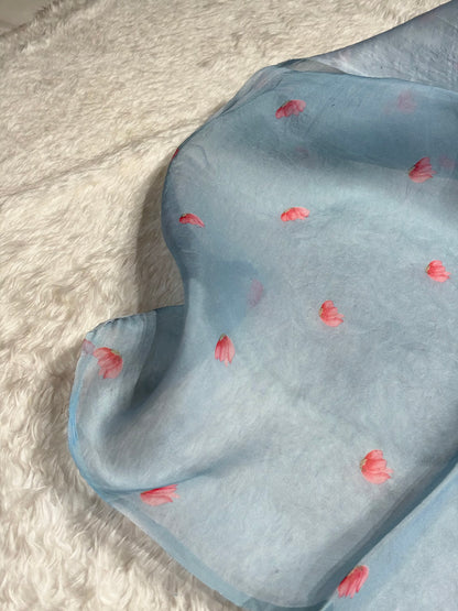 Sky Blue Organza with Pastel Multicolor Florals POP08