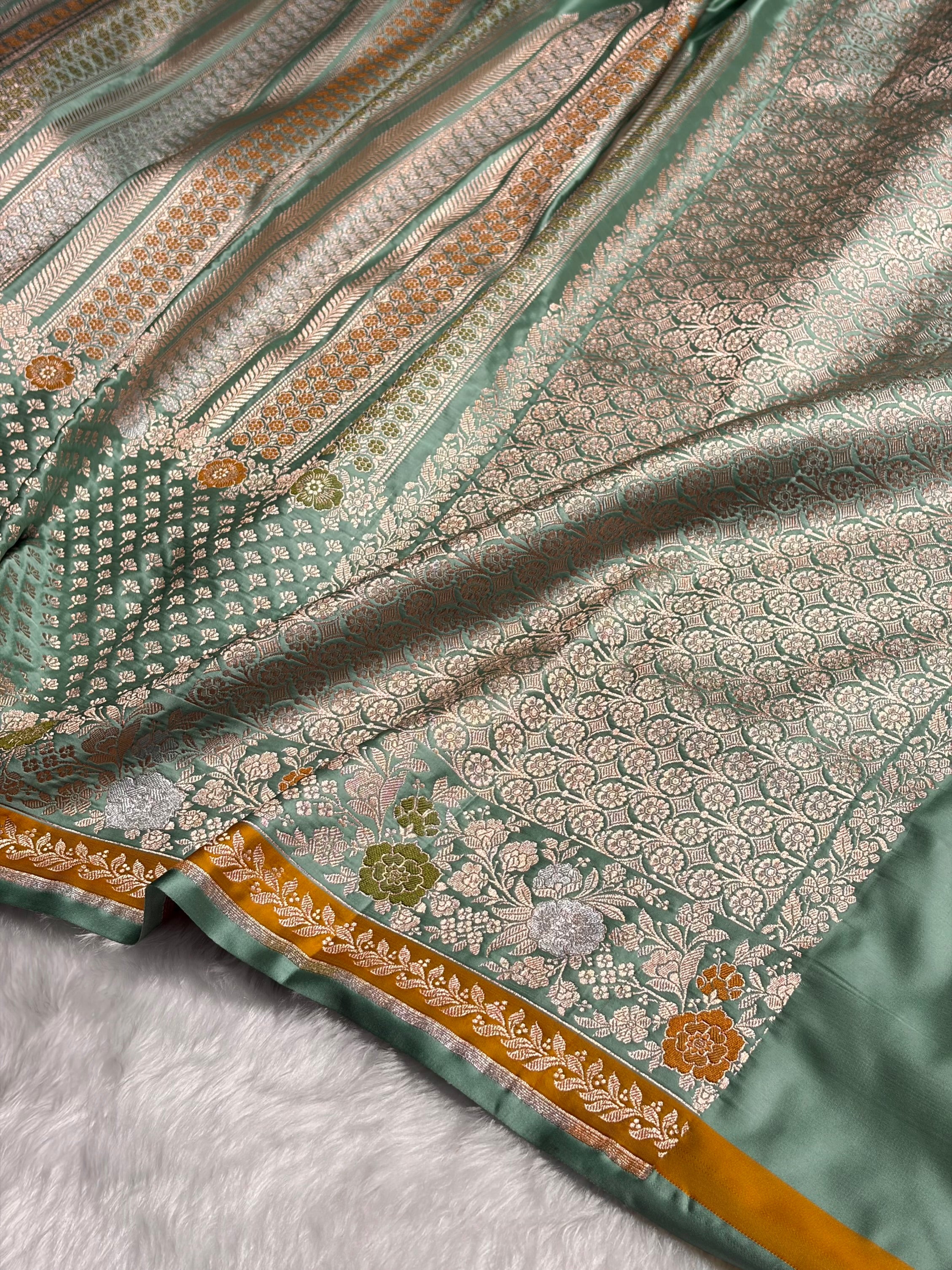 Turquoise Shades Floral Minakari Skirt Border Mashru Silk Saree MSM-83