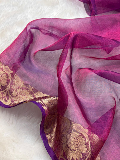 Cross Wine Bananasi Floral Shades Pure Tissue Silk Saree PT-42