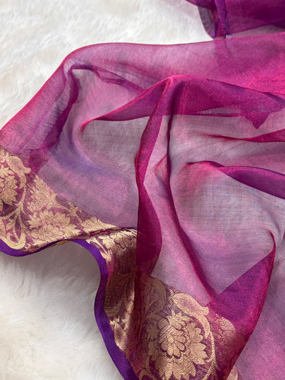 Cross Wine Bananasi Floral Shades Pure Tissue Silk Saree PT-42