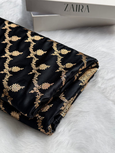 Banarasi Satin Katan Saree Floral Cross Pattern in Black Shades SK147
