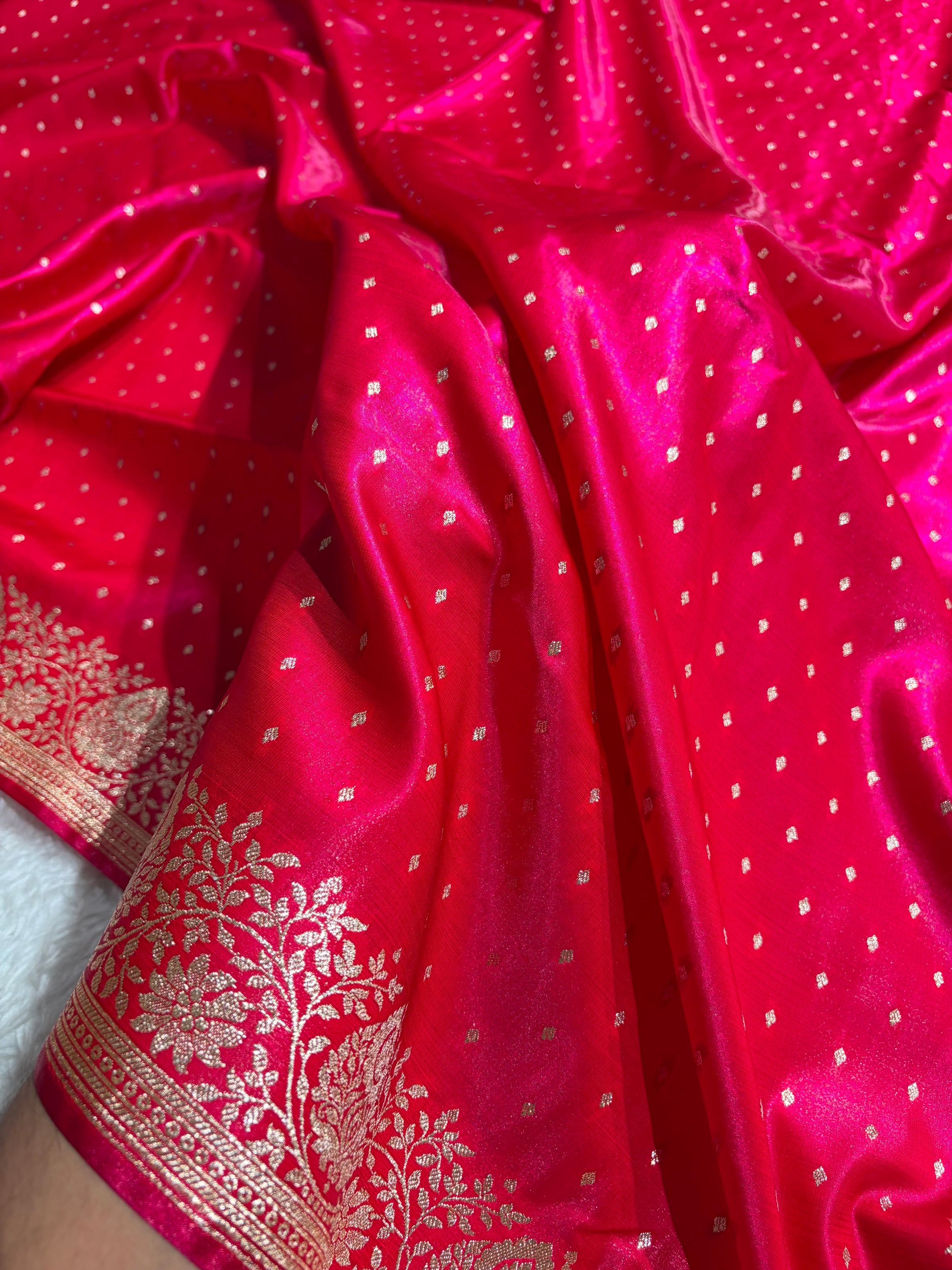 Satin Silk Saree Floral Boota in Cross Rani Shades SS28