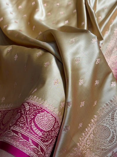 Banarasi Satin Katan Saree Floral Booti Pattern in Contrast Tusser / Rani Shades SK153