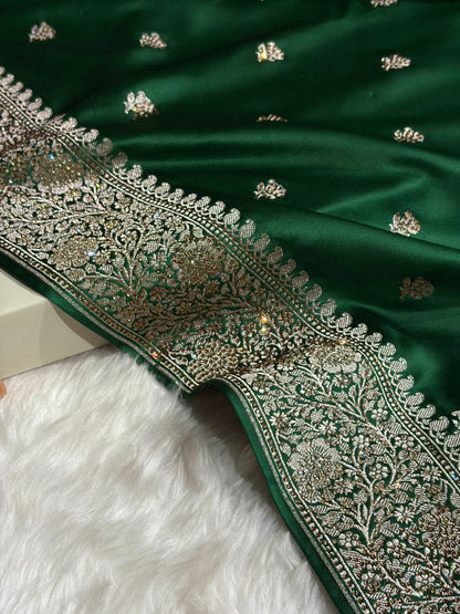 Bottle Green With Swarovski Work Booti Mashru Silk Saree BMS40