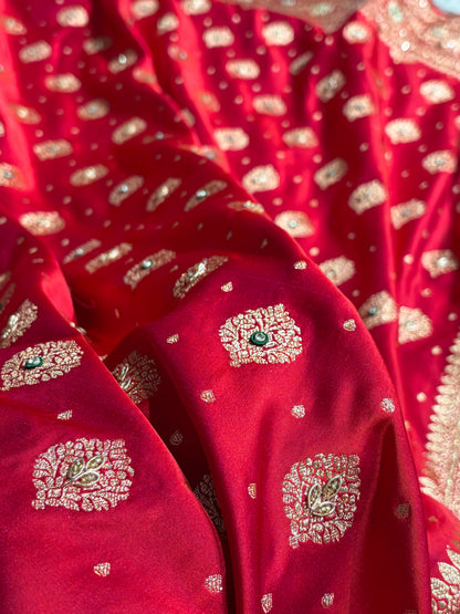 Bridal Red Unique Boota Pattern With Stone & Ari Work Satin Katan Silk Saree BSK69