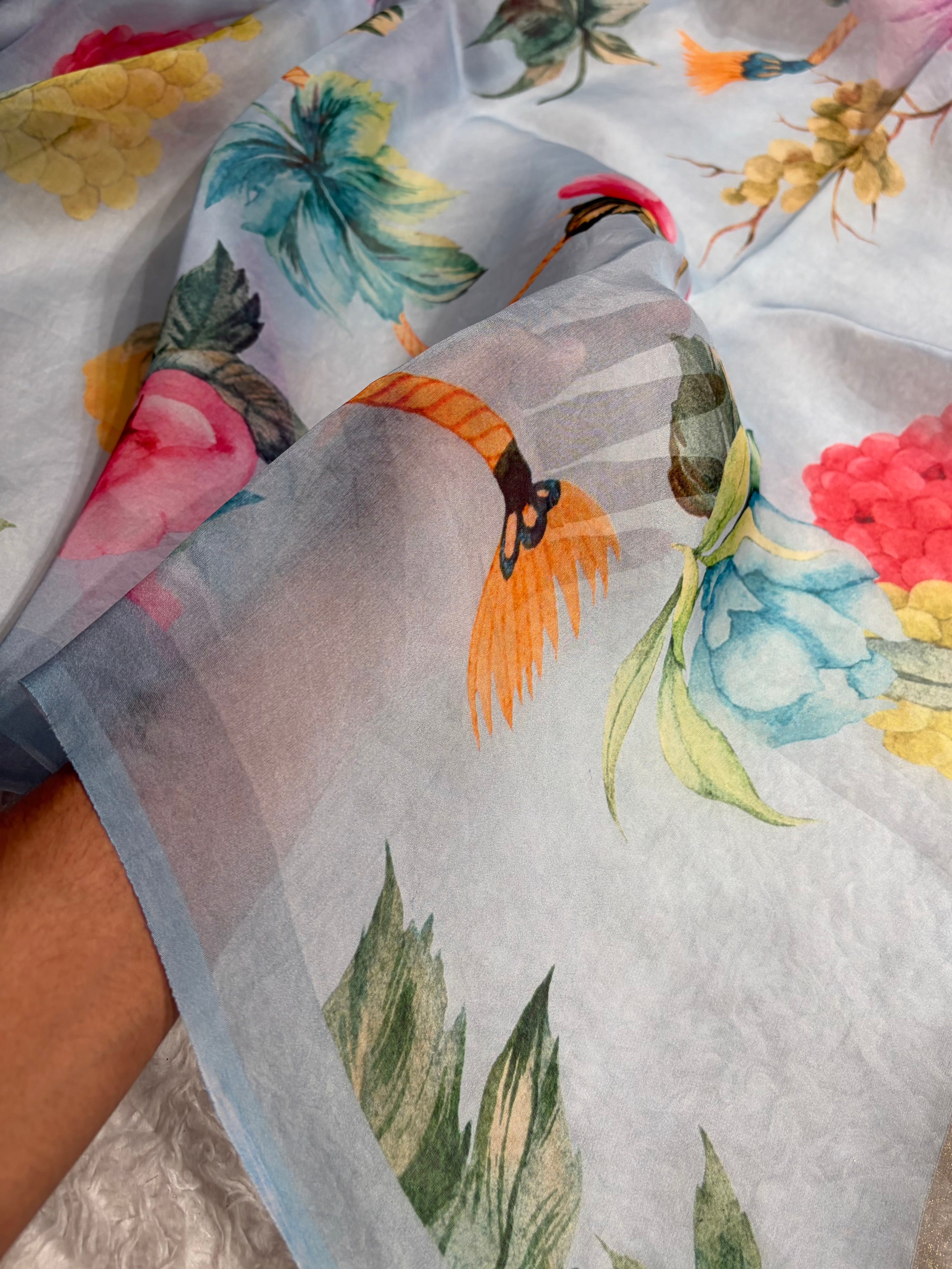 Sky Blue Organza with Pastel Multicolor Florals POP08