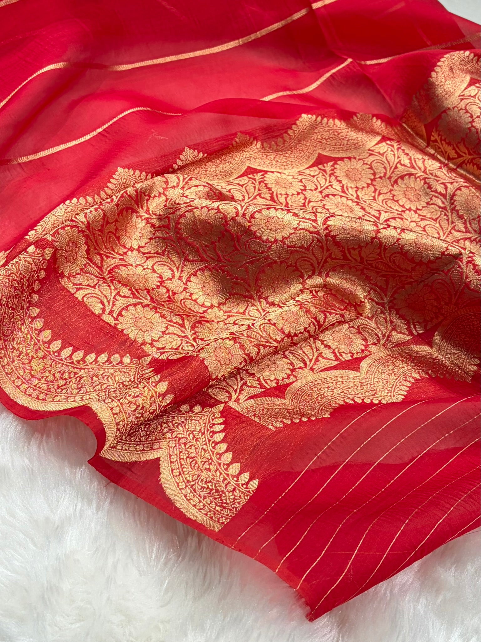 Banarasi Pure Organza Red Shades With Scallop Stripe Banarasi Silk Saree PO-33