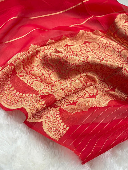 Banarasi Pure Organza Red Shades With Scallop Stripe Banarasi Silk Saree PO-33