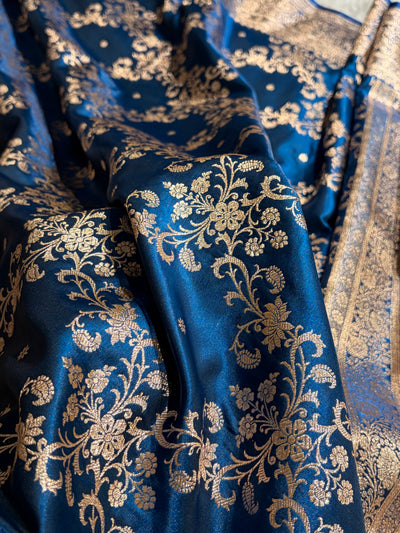 German Blue Shades Jaal Pattern Banarasi Satin Silk Saree SS48
