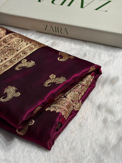 Satin Silk Saree Swarovski Work Floral Boota in Wine Shades BSS27